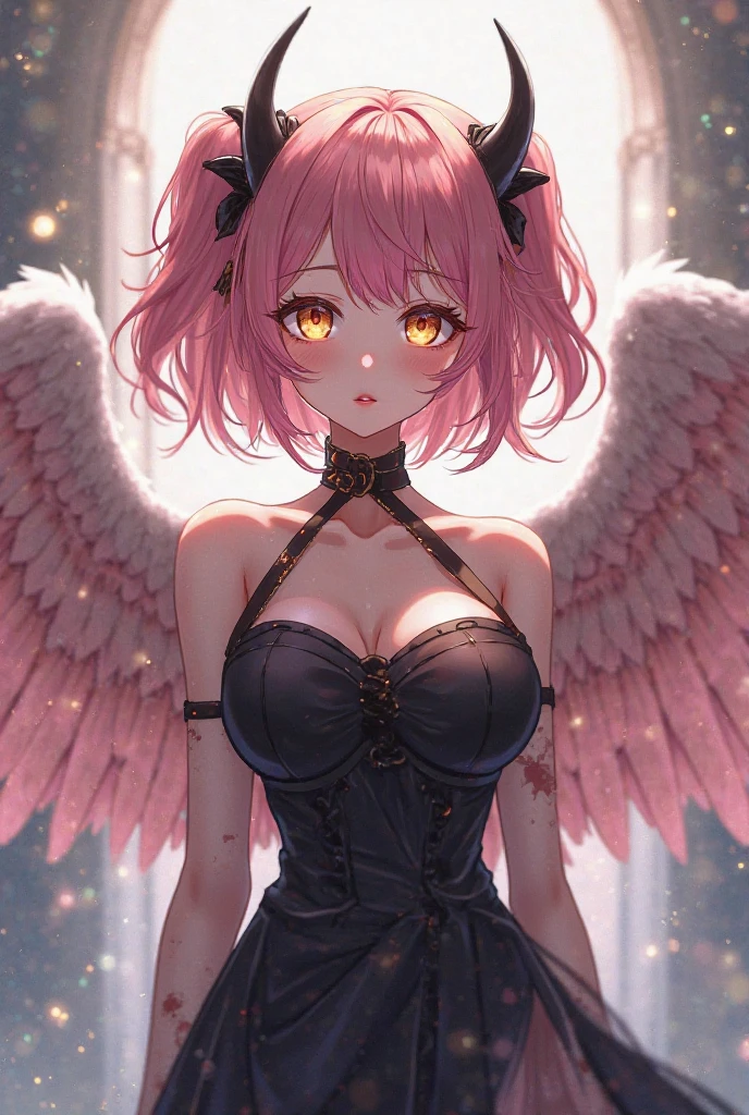 1girl, solo, short hair, Bob hairstyle, big breasts, angel wings, (black "checker Vesna" on the neck:1.3), toga, silk translucent robes, magic, divine, atmosphere is divine, pink hair, (pink eyes:1.1), halo above head BREAK (masterpiece:1.2), best quality, high resolution, unity 8k wallpaper, (illustration:0.8), (beautiful detailed eyes:1.6), extremely detailed face, perfect lighting, extremely detailed CG, (perfect hands, perfect anatomy), Choker Vesna
