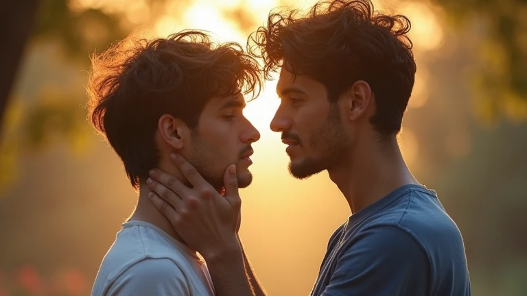 Two male brunettes kissing passionately while looking at one another