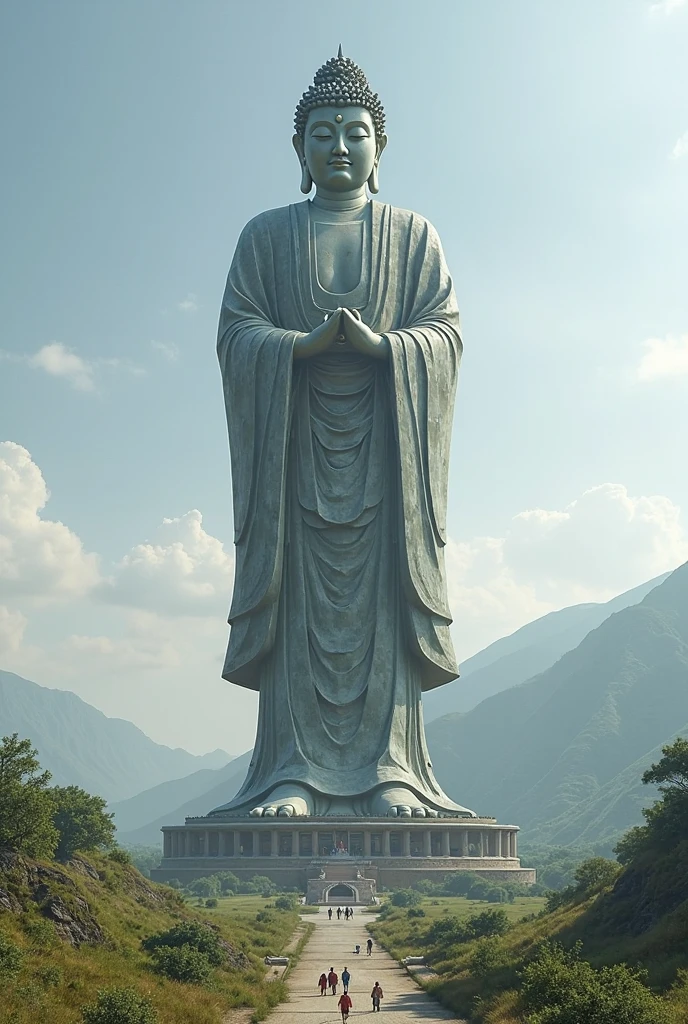 a huge Buddha Statue is standing and looking down in Ushiku, japan, from behind, from above, buddhist temple, 