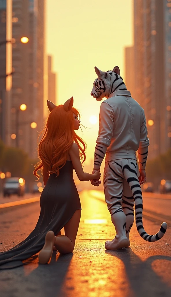 close-up photo of beautiful feline_hybrid woman and a handsome feline_hybrid man,dancing on the roof of a house in city,sunset,romance,hugging each other,furry,feline_hybrid,<lora:Realistic_Feline_Hybrids:0.9>,detailed,realistic,masterpiece,highly detailed,
