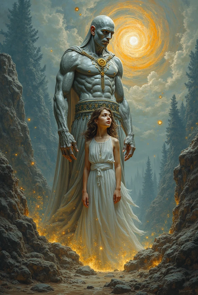 Create a comic-style illustration of a meeting scene featuring three superheroes in a mystical hall.
1. **Umbra** is a massive man made entirely of translucent ice, towering at 2.5 meters tall. He has a natural crown of ice stalactites and wears a shadowy black cape that blends seamlessly with his icy body. He is seated at the table, his glowing blue eyes focused and intense.
2. **Tempest** is a woman with a yoga-toned, flexible body, medium height, long brown hair adorned with flowers and leaves, and dressed in earth-toned, flowing clothes. She is also seated at the table, her green eyes calm and observant as she listens.
3. **Lumina** is a radiant woman with golden skin that glows, long white hair with fiery orange and red tips, and a flowing outfit that shifts between gold, orange, and red. She is standing, gesturing with her arms as she speaks passionately, her body emitting a warm glow.
The hall is decorated with elements that reflect their powers—icy structures, radiant light, and lush greenery. The scene captures the moment of intense discussion, with Lumina actively expressing her thoughts while the others listen attentively.