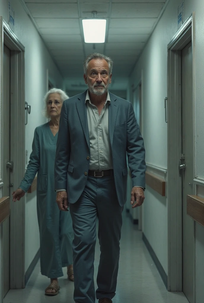 an image of a couple where the man is a dictator, that he is dressed in surgical pajamas and a gown and the woman is an architect