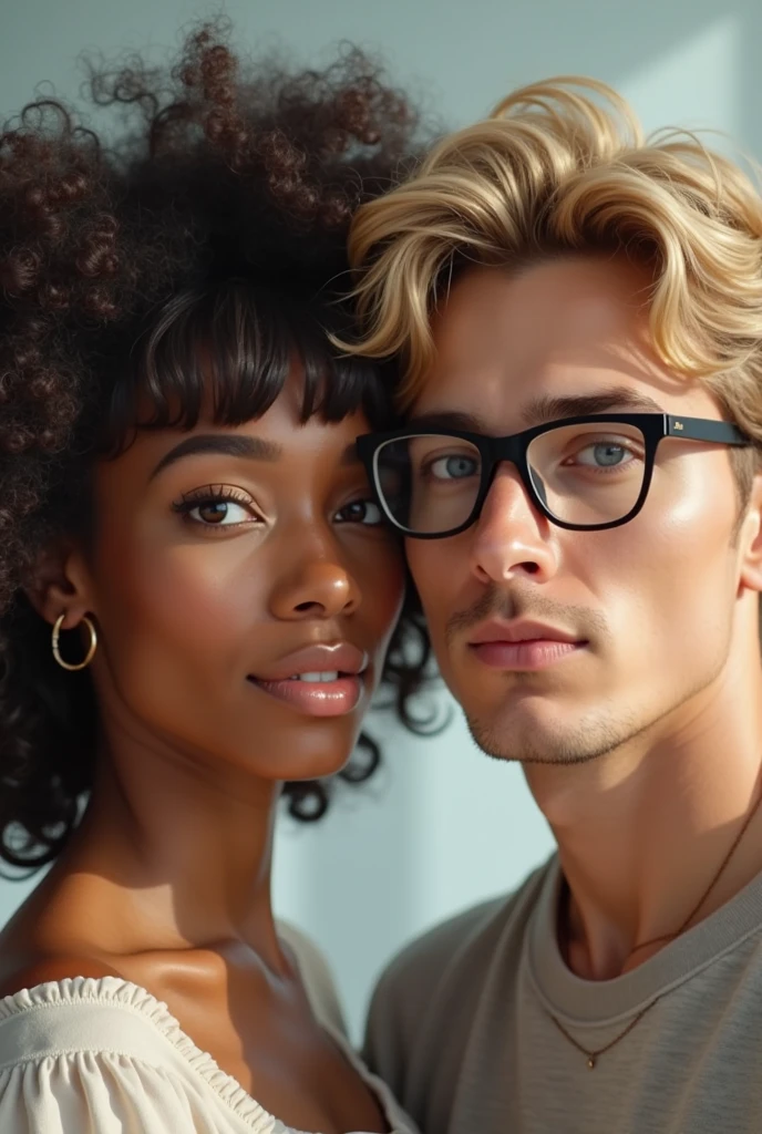 Imagine a handsome middle-aged African man wearing glasses with a strong chin, barba curta, Ponytail hair in a tight outfit and a white woman wearing glasses with a smile, roupas coloridas em um fundo liso