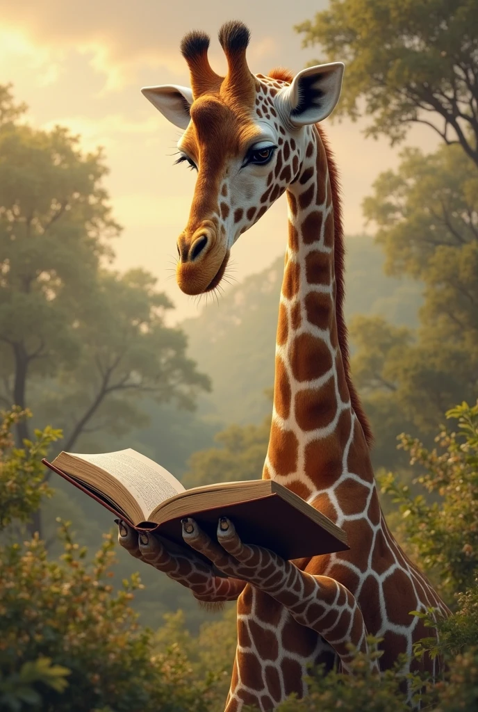 A giraffe,There is a huge book in front,There are dinosaurs in the books
