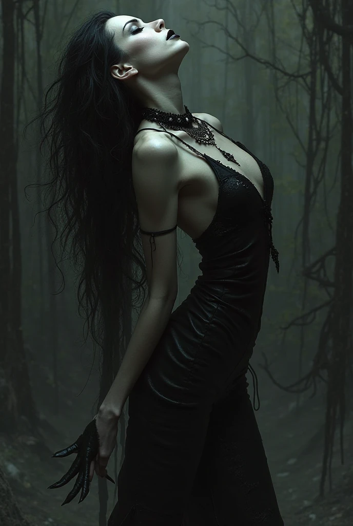 Brazilian female vampire, elf ears, brown curly hair, black dress with silver chains, succubus  tattoo down right thigh, choker with a spider