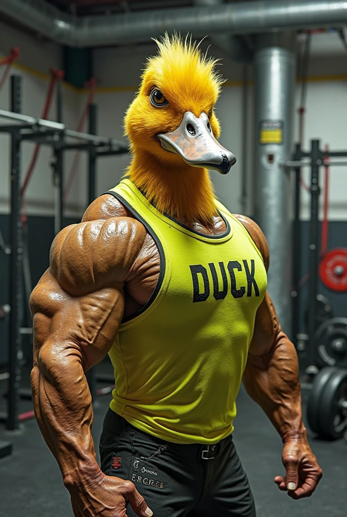 A shirtless man showing off his big muscles with a yellow duck mask. Super realistic art, 4k Full hd