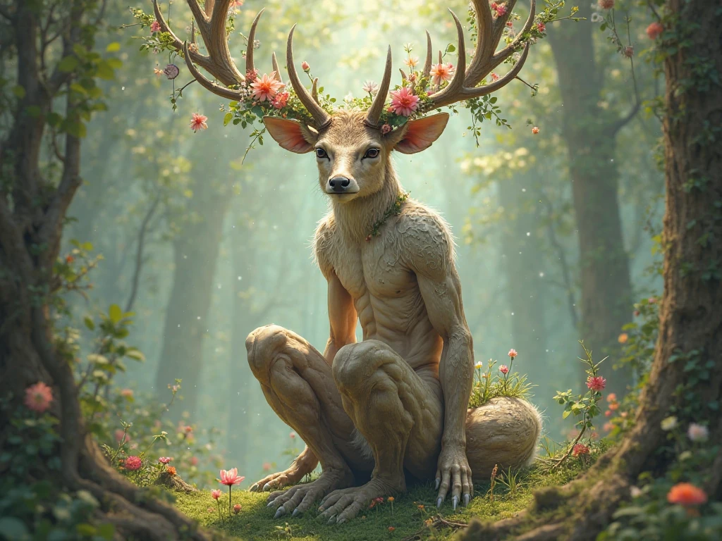 (masterpiece, best quality, 4k, dreamlike, hyperrealistic:1.35), (Artemis turns male Actaeon into deer:1.5)