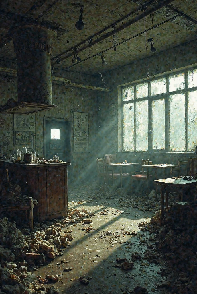 Create a completely destroyed laboratory, with metals, glass and blood on the floor. a hole in the wall showing a dense shadowy forest