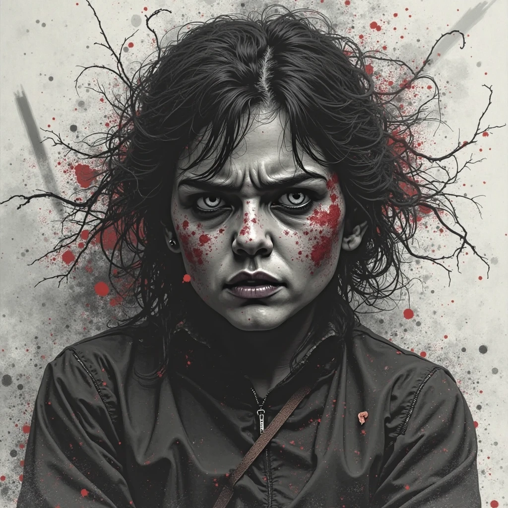 painting of a woman with blood on her face and a black jacket, dark but detailed digital art, by Galen Dara, portrait of arya stark, painted digital art, an expressive digital painting, expressive digital painting, 4k detailed digital art, great digital art with details, epic portrait illustration, 4k highly detailed digital art, digital 4k painting, grungy woman