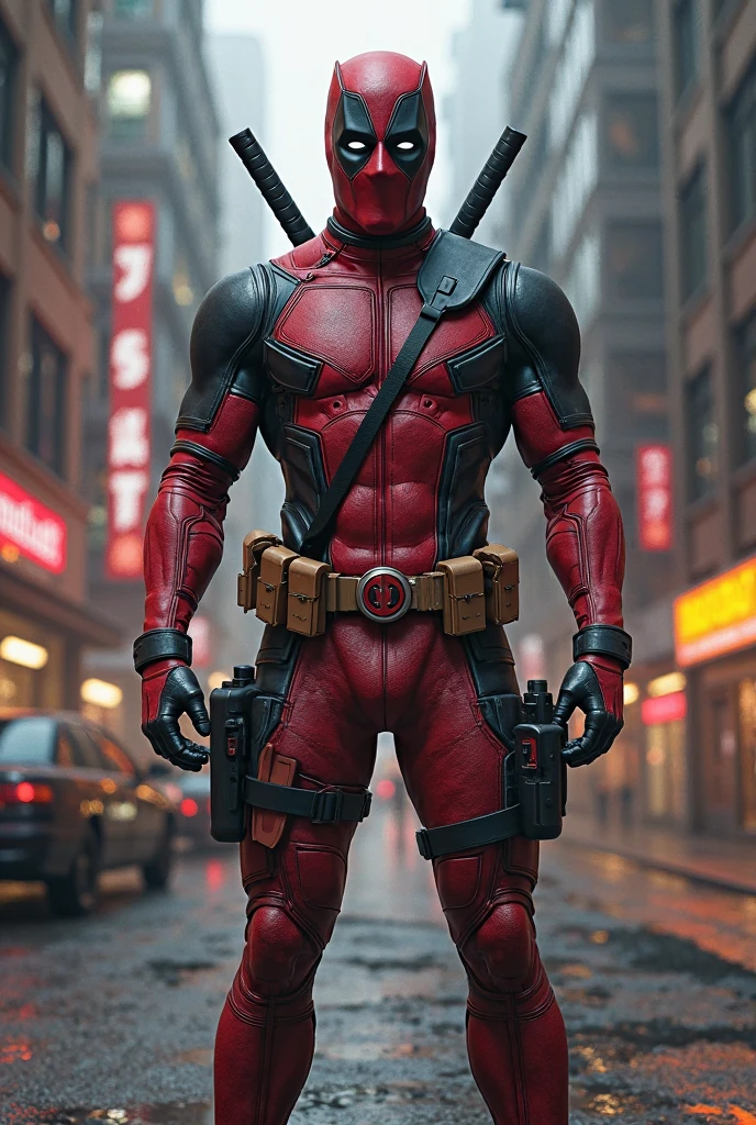 Marvel anti hero Deadpool, Muscular, nice abs and biceps, noticeable nice bulge in crotch area, in Kuala Lumpur city background at night, cinematic photography, UHD, HDR