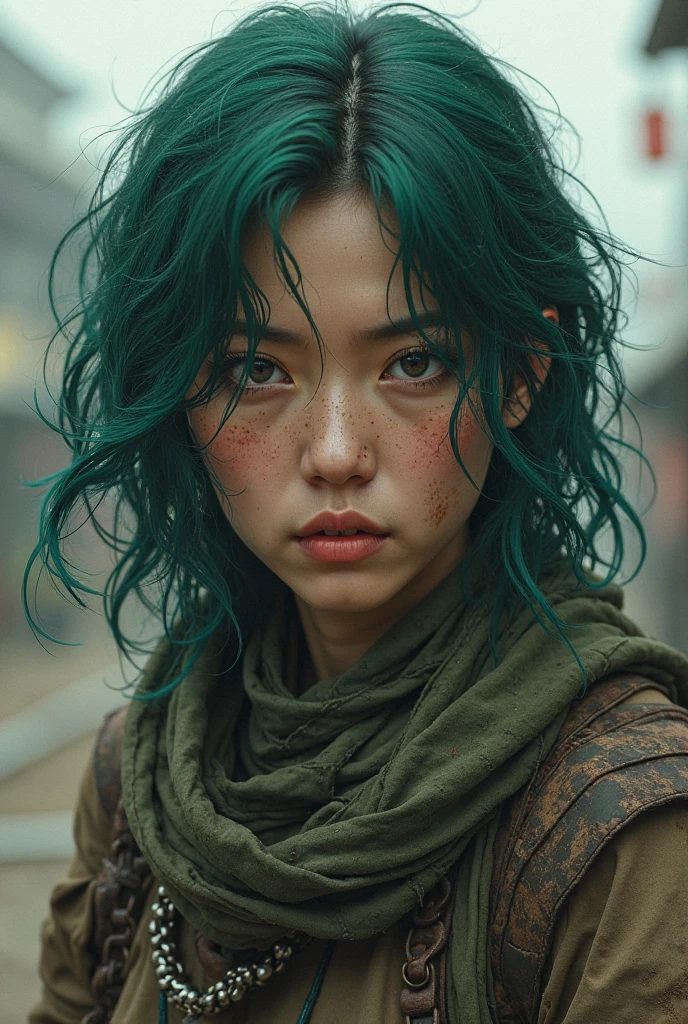 masterpiece, Highest quality, Realistic, Cinematic, Detailed face, 8k, Ultra-high resolution, シャープなフォーカスmovieのような写真 , Highest quality, Super detailed, 8k, mysterious, (Olivia Mann) No makeup, wild green hair, 35mm photo, movie, Bokeh, Professional, 4K, Very detailed、male、Topless,Very ugly、Dirty skin,movieのような雰囲気、Big black pants,The green hair is messy,、Has two sickles、Very dirty、The background is an abandoned old Japanese town.、Japanese、Surprisingly skinny,There are many warts on the face、Skin and bones,Big black pants,There are many warts on the face、Morbid thinness、Has two sickles、Very scary、不気味なmale、Eyes are droopy