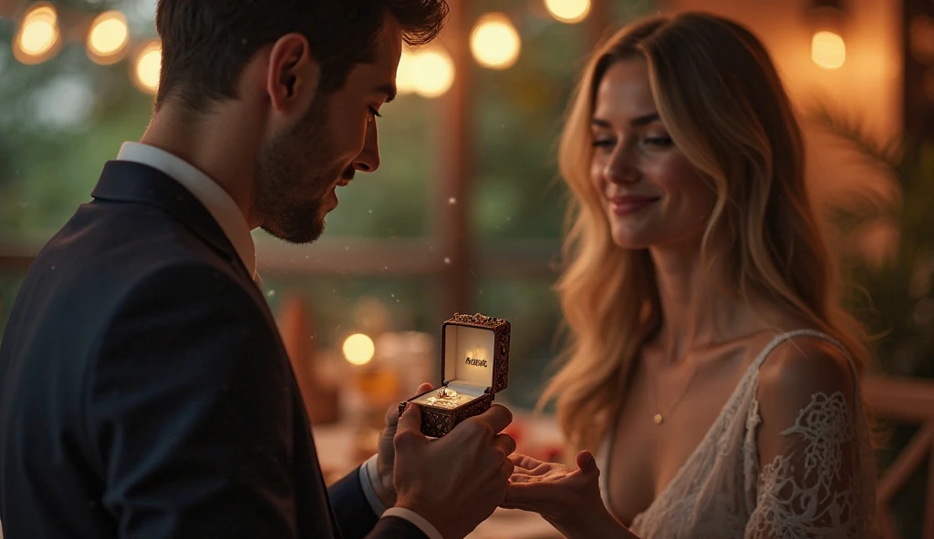 Animate 8k quality potrait pictures of boyfriend give the ring a girl to marry her at home