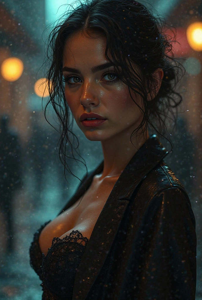 Masterpiece, a beautiful young European woman, wet clothes, open suit jacket, deep cleavage, firm pert breasts, standing in the rain, wet skin, city streets,HD, (detailed skin texture:1.1), best quality, ultra high res, (photorealistic: 1.4), Raw photo, by Ellen von Unwerth, Nikon D850 Film Stock Photography, F1.6 Lens, Rich Colors, Realistic, Cinestill 800, backlight, rimlighting, sunlight, close-up