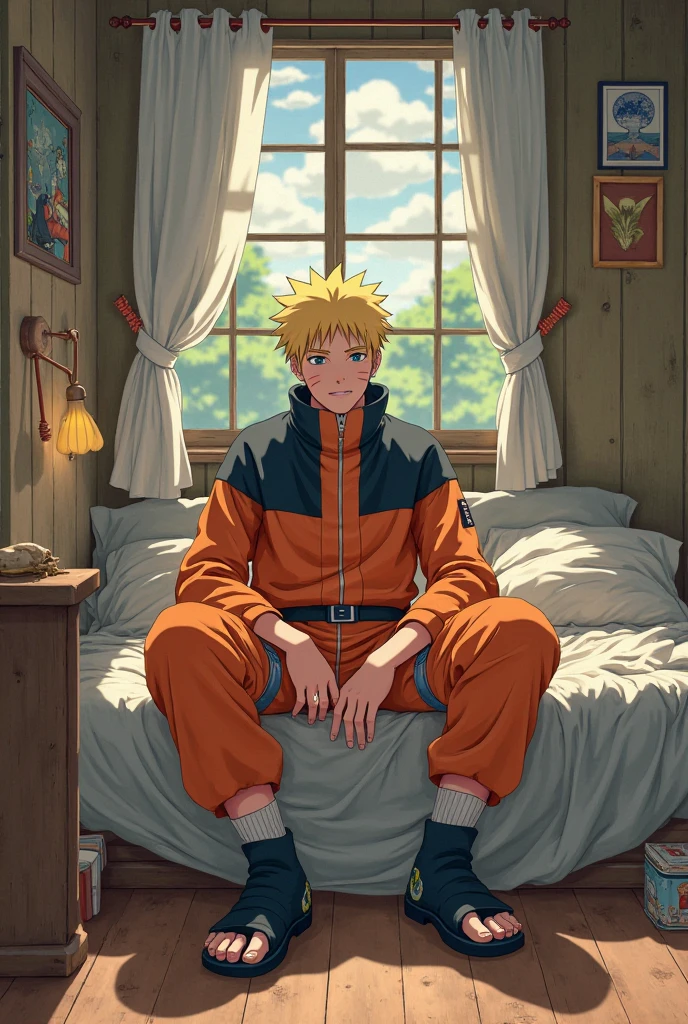 masterpiece, best quality, Naruto sleeping on bed, listening to music with studio headphones on, closing eyes, chill, resting, one person resting, anime style, normal human anatomy, wearing orange jacket and orange pants, fully clothed, feet stretched out, hands to side