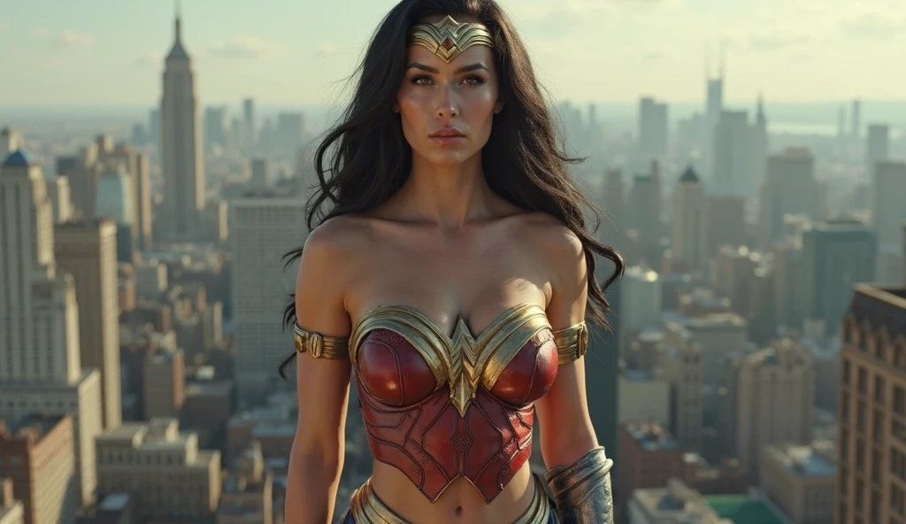 Masterpiece, Best quality, (Solo), (1girl), (epiCRealLife:1.0), (large breast), (cleave), (European model),, (g4lg4d0t-v2 Gal Gadot). (lynda-carter-ww-costume), (black hair), (blue eyes), (earring), (demure), (bodysuit),, (Wonderwoman768 tiara), ((armored bands), (red lipstick), , (spotlight), (daytime), (daytlight), (natural light), (bright), (on New York Street), (photoshoot),