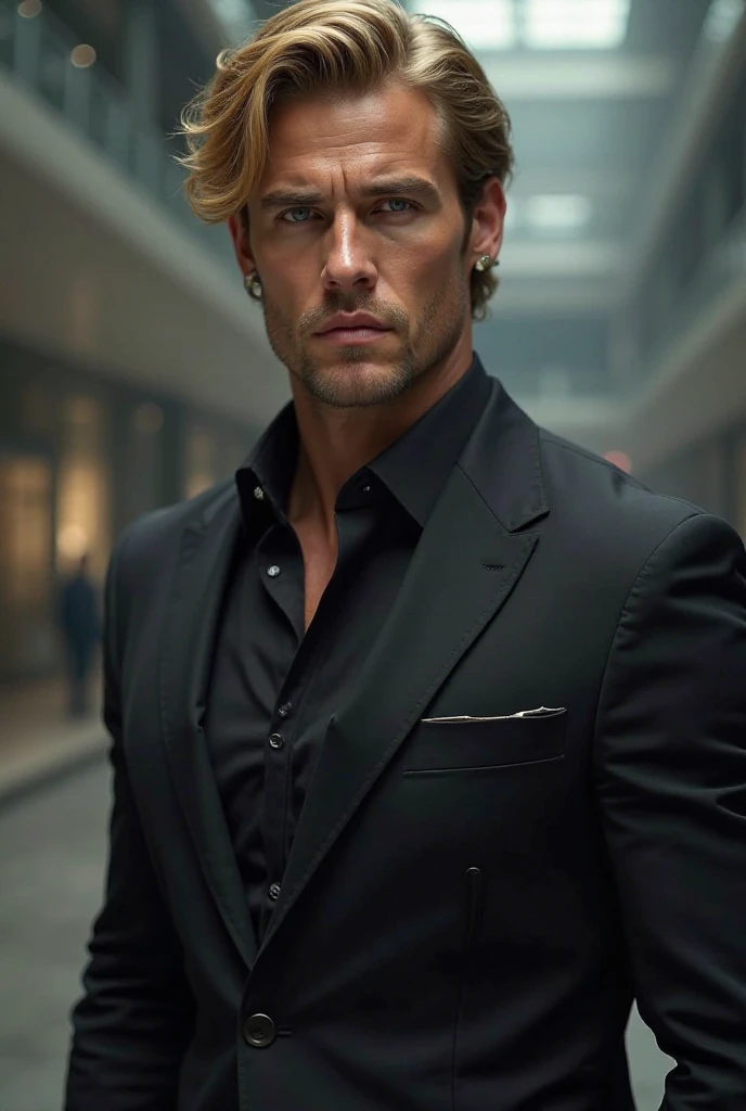 a guy, grown-up, cos estético, messy blonde hair, purples eyes, light gray pants, round glasses, vicious, Black shirt with buttons, cos, Cao Cao, best qualityer, ghost hunter