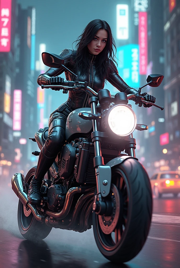 Huntress riding a high-tech motorcycle, Shoot high-tech artillery, Sparks from the gun, (1 female, brown eyes, white skin, Twin-tailed black hair, choker, small breasts, skinny, lip whole, compensate, eyeliner, Russia), Wearing black one-piece leather armor, Long leather gloves, long Leather boots, In a cyberpunk town at night, (cyberpunk theme), (masterpiece, highest quality, 8K, sharp focus, Depth of bounds written, best shadows, perfect light, HDR, realistic skin texture, Ultra-detailed and detailed background), wide shot
