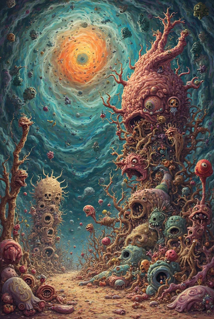 painting outdoors, sky, cloud, water, tree, blood, ocean, beach, scenery, tentacles, monster, horror (theme), 6+others, eldritch abomination forner <lora:last:1>