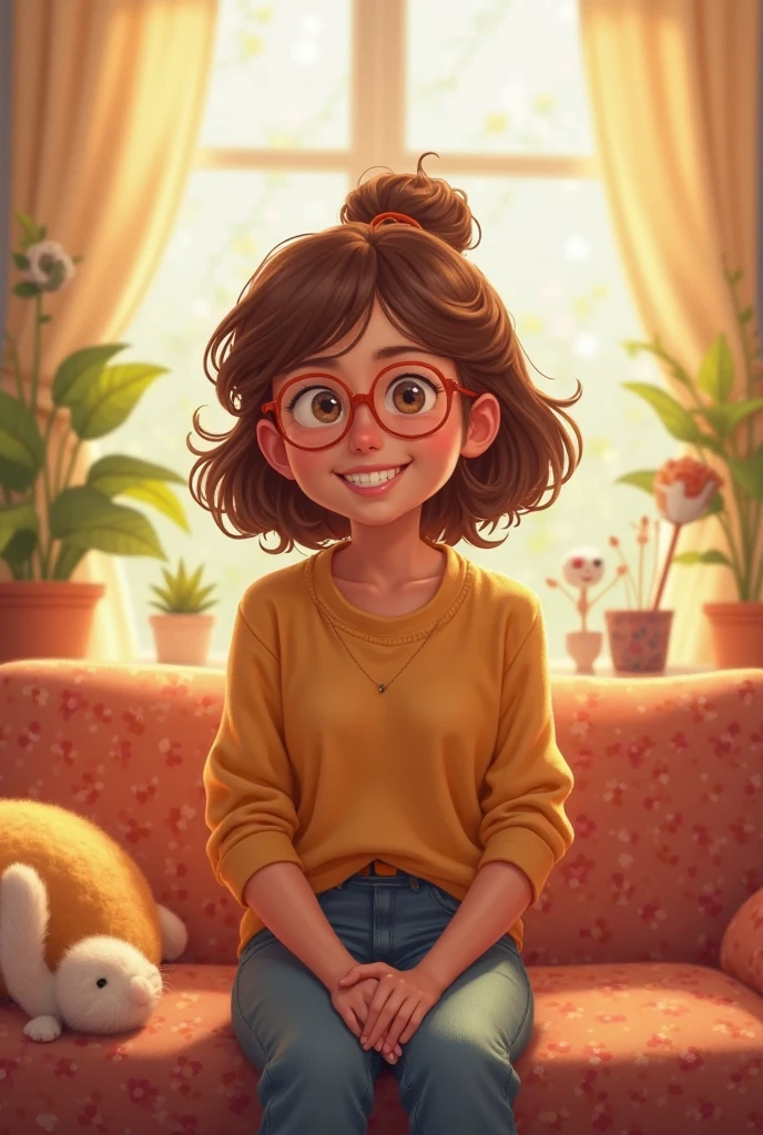 A cheerful girl with short brown hair and glasses.