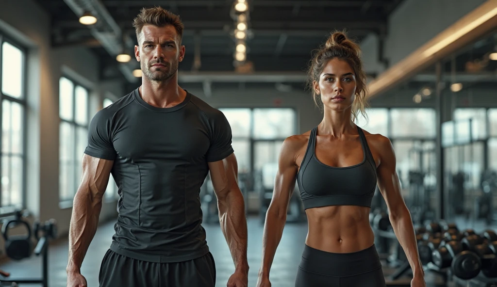 (Best quality, Ultra high-definition, Realistic: 1.3), Side by side photo, Two fit individuals, Man and Woman, Modern gym setting, Yellow attire, Serious expressions, Defined musculature, Centered composition, Sharp focus on facial features, High contrast lighting, Sweat reflecting on skin, Realistically rendered textures, (Highly detailed: 1.4), Detailed clothing, Ripped fabrics, Exposed muscles, Vibrant colors, Authentic gym environment, Fitness equipment in background, Realistic shadowing, Depth of field: 2.5, Dynamic duo, Powerful presence, Inspiring figures, (Fitness motivation:
