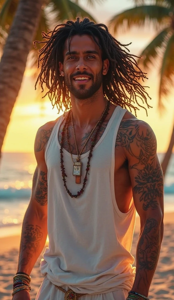Close portrait, jovem surfista loiro do bigode loiro. neck tattoo, tatuagem acima da sobrancelha esquerda, escrita: Wanted. Olhar atraente e nitido.