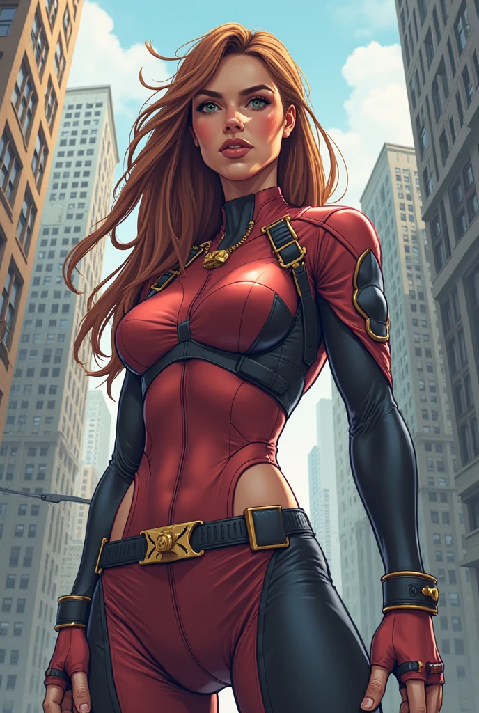 Kat Dennings、masterpiece、High quality 4K、villain (X-Men)、Gothic Girl、Sculpted Body Gothic Makeup、Black jacket、Red and blue bodysuit、masterpiece、highest quality、Cowboy Shots、one personの女の子、one person、Technology Military Bodysuit、fringe