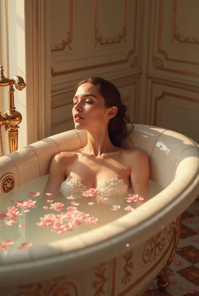 Scene European palace interior decoration large bathroom.A large bathtub made of white marble.A beautiful woman with exquisite facial features takes a comfortable milk bath in a large bathtub.Various rose petals floating in the water.She looked satisfied.