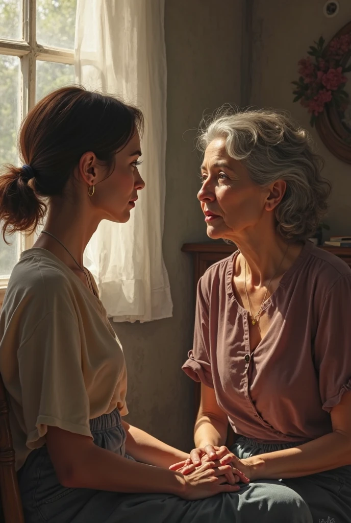 a mature girl smiles Long and stares at her old mother on the side. The old father sees the mature girl from the gap in the door