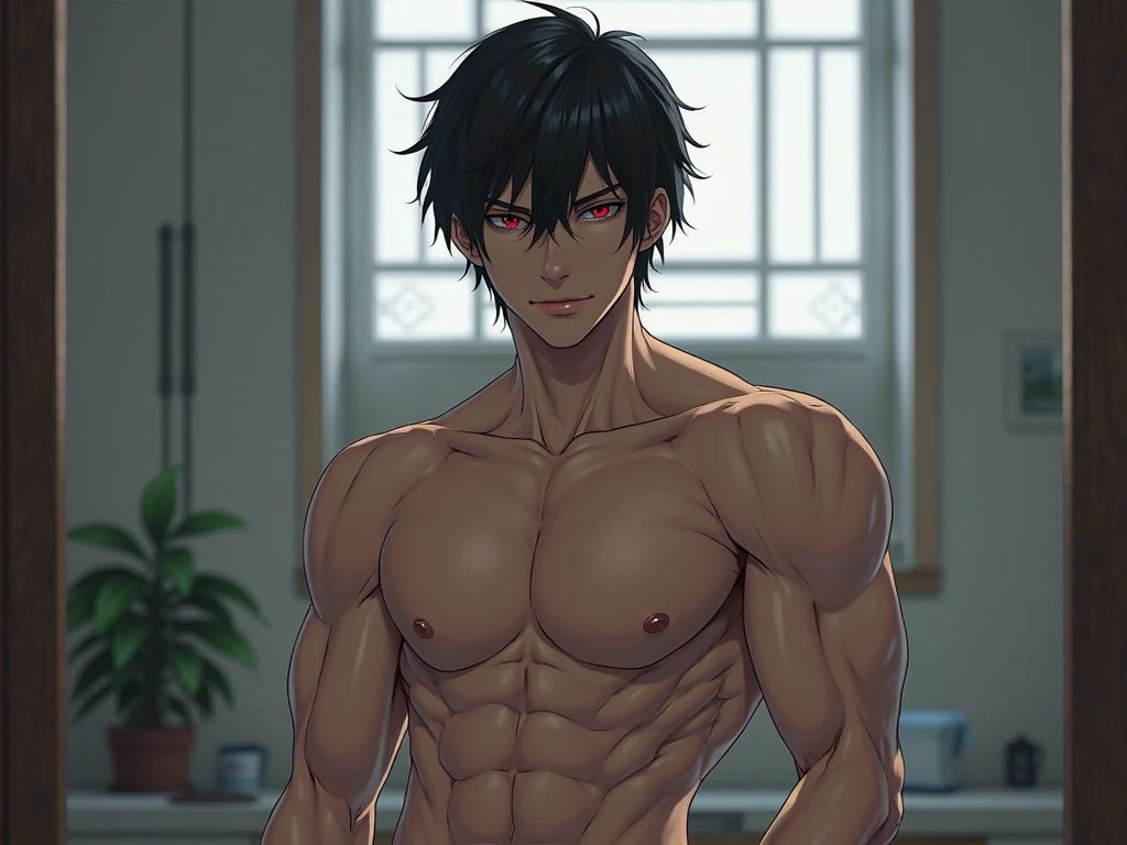 Light yagami, death note, very muscular body, 8 pack abs and big biceps, (masterpiece:1.5), (best quality:1.5), (high quality:1.5), (solo:1.27), (muscular male:1.27), (bara:1.27), satisfaction, happy, pleasure, (dynamic angle:1.21),(dynamic hair:1.27),(detailed pupils:1.21),looking at viewer, (dynamic pose:1.15), (beautiful detailed hands:1.21), illustration, (cinematic light:1.15), ultra detailed, (disheveled hair:1.34), big bulge, (large pectorals:1.3), pectoral cleavage, sidepec, (abs:1.3), (thighs:1.3), (bulky:1.2), novel_illustration, anime_screencap,
