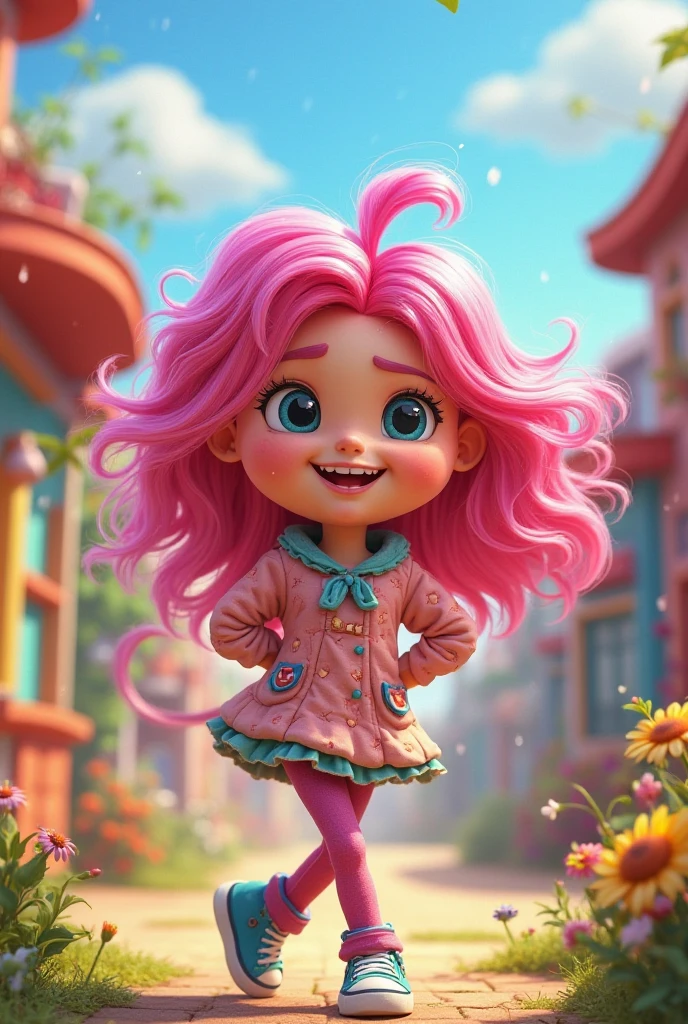 ((On a platform of shiny shards of brownish-pink paint)) is a slim girl ((smilling)) ((full body))wearing pink long, block heel close point tip with long straps attached to her tall, slim, slender,curvy legs.She also wears a. ((( pleated ))) mini lace skirt with ((holes)) her. Crop leather jacket has pink zebra stripes down the side of the sleeves, Her green curly hair shoots up. Vertical and flutters in the winds. CircLing around her ((cute face, high lights in hair, Pink eyes, ((best graphic)) artgem, (((Square Enix Images))) Wlop, 3D animation,Cinematic Still, vignette, color graded, post-processed, cinematic lighting, 35mm film, live-action, best quality atmospheric, a masterpiece, epic, stunning, dramatic


