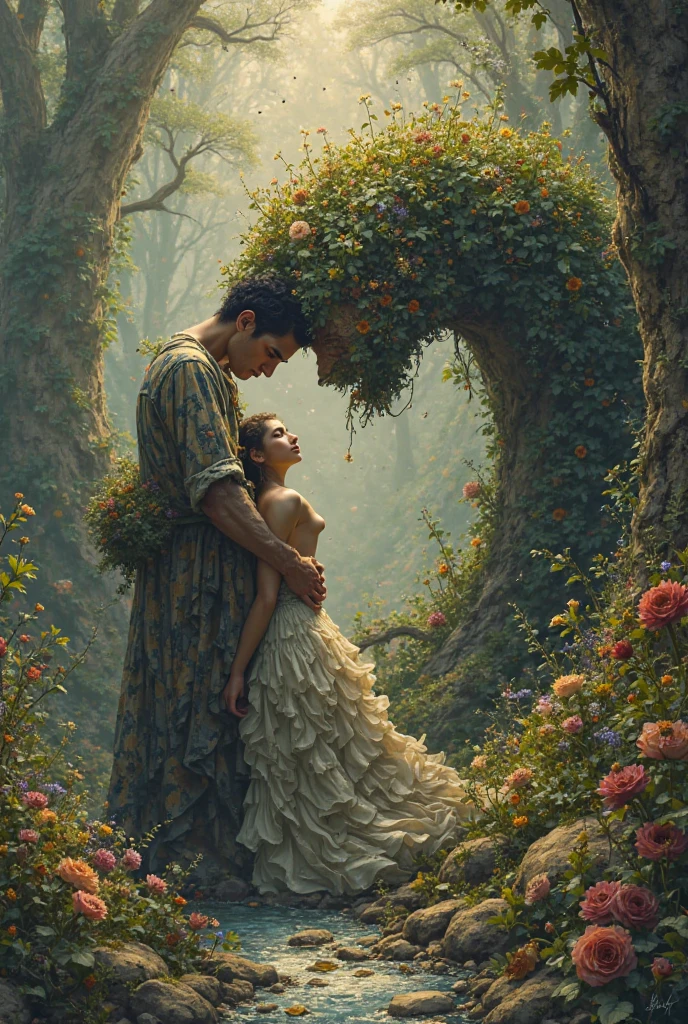 A hug of woman and man turns into a leafy tree, with roots as legs, branches like arms, some leaves fly on a white background, look to viewers
(best quality,4k,8k,highres,masterpiece:1.2),ultra-detailed,(realistic,photorealistic,photo-realistic:1.37),vivid colors,sharp focus,(HDR,UHD:1.1),(physically-based rendering:1.1),studio lighting
tree-like transformation, couple embracing, love transforming into nature, natural elements, human figures turning into leaves and branches, transition from humans to plants, connection between humans and nature
arboreal humanoids, intricate root structures, delicate leaf patterns, tendrils and vines, ethereal atmosphere, graceful and flowing movement, gentle embrace, deep emotional connection, serene and peaceful backdrop
leafy canopy, lush green foliage, verdant landscape, sunlight filtering through the leaves, soft and gentle breeze, mesmerizing branches and twigs, elegant and fluid silhouette
expressive eyes, gentle smiles, serene expressions, tender interaction, atmospheric lighting, dreamlike setting, surreal artistry, enchanting beauty, emotional storytelling, captivating symbolism
Such a high-quality prompt can help generate an aesthetically pleasing and emotional image,It depicts the story of men and women embracing into trees,and the details and ambience of their transformation into trees。The main body of the picture is complete,Full of ecological and romantic elements,Can inspire Stable Diffusion to produce images that resonate artistically and emotionally。