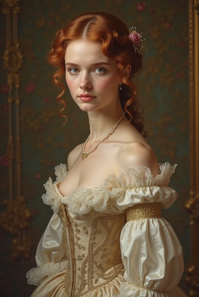 pale skin muscular redhead 13 year old girl huge breasts in the style of Anthony van Dyck
