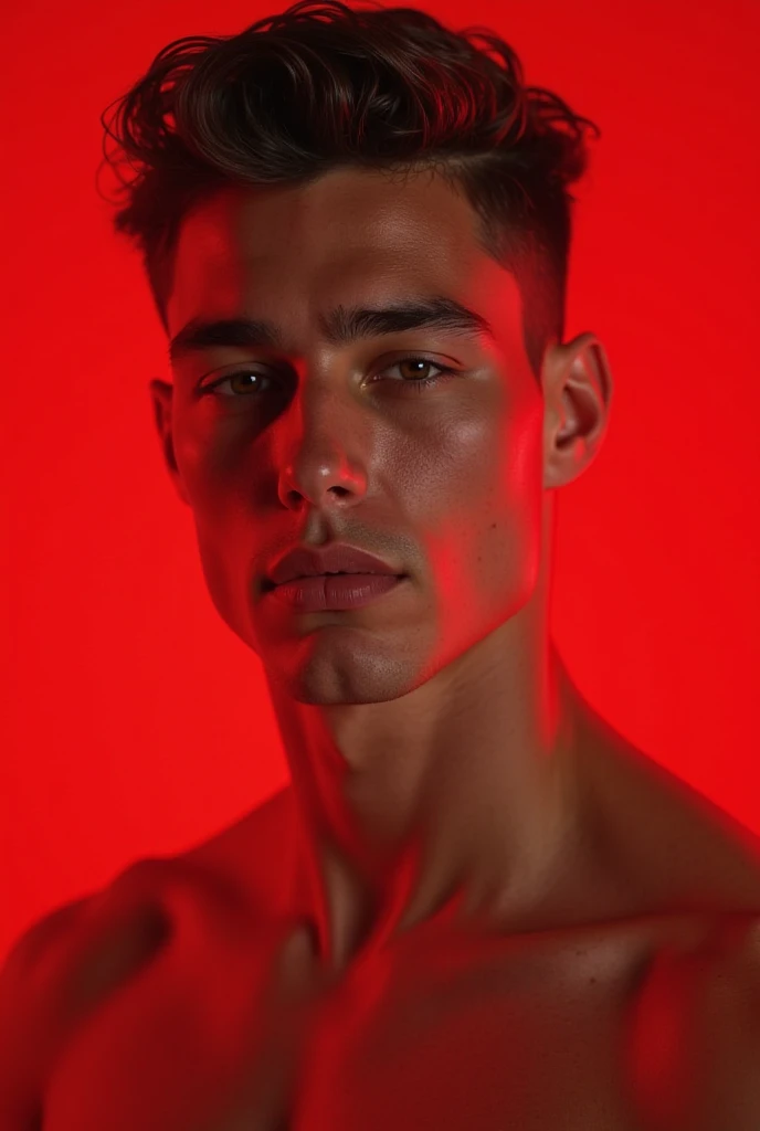 creates a young, muscular man with a naughty face without a shirt and wearing a towel in a red environment