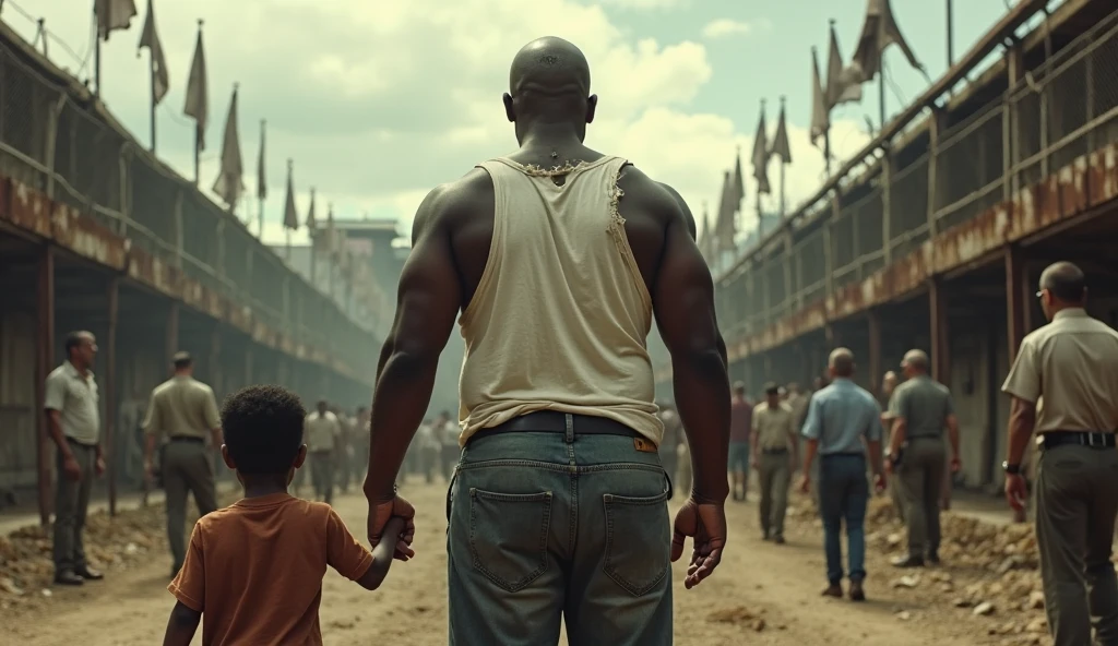Create a bald black obese survivor with a black girl.an ak47 fleeing a zombie apocalypse