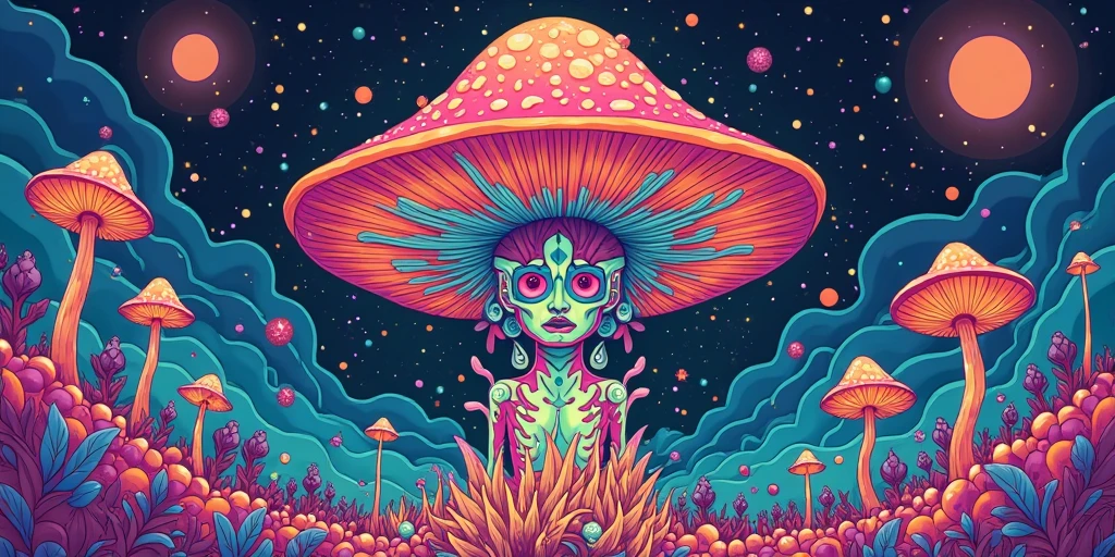 Alien Monster DJ, Exposed brain, Many mushrooms grow in the brain, psychedelics, Bioluminescence