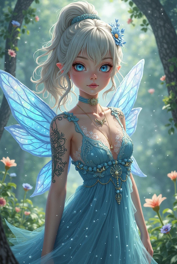 HellFae, 1girl, long hair, looking at viewer, blue eyes, multiple girls, large breasts, dress, cleavage, jewelry, medium breasts, upper body, flower, grey hair, earrings, outdoors, wings, horns, shiny, artist name, shiny hair, tree, bug, butterfly 