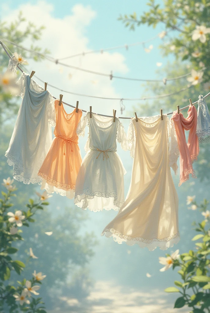 In the idyllic countryside, a sunlit yard features clothes drying on ropes strung between two slender trees. The clothes, in soft pastel shades, gently flutter in the breeze. Women's long dresses in pale blues and blush pinks sway gracefully alongside men's long pants in muted greens and beige. The scene is framed by the lush, open fields and a distant row of trees, creating a peaceful, picturesque atmosphere where the simple beauty of everyday life is harmoniously integrated with nature.
