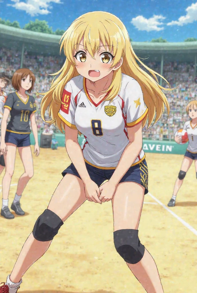((master piece)), ((melhor qualidade)), ((Altas)), ((extremamente detalhado CG unidade 8k papel de parede)), asuna de sword ART online, (cabelo castanho), olhos castanhos brilhantes, serious and seductive look, (wearing a karusuno volleyball uniform from haikyuu), volleyball uniform, seios grandes, coxas grossas, cintura fina, corpo perfeito, ((Full character view)), ((corpo inteiro)), dynamic pose, riqueza em detalhes, perfect hands, beldade, beleza, (Rosto perfeito, Perfect and symmetrical eyes)