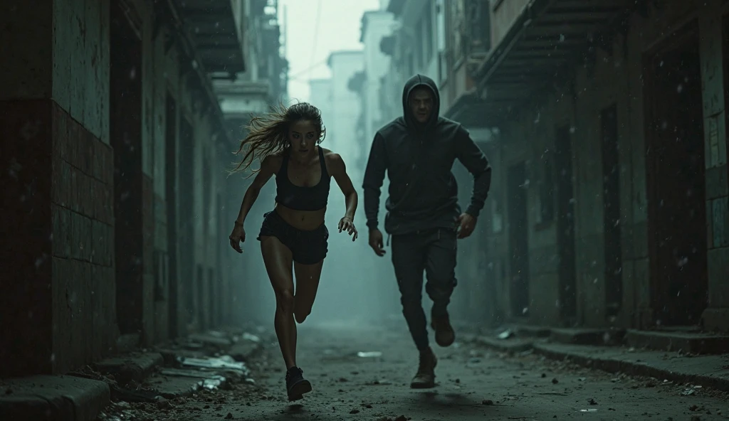 masterpiece, 8k, high resolution, best quality, ultra detailed), head to toe body photo, 1 man and a woman in one photo. The man is looking at the woman running behind her, he is very tall, bodybuilder, huge and exaggerated muscles, hot, perfect elongated face, handsome, bald, deep and detailed eyes, bald, shaved head, perfect body, 30 years old, muscular , very tall, pale skin, very white skin, very tall (he is about 6 feet 5 inches, very muscular, large pecs, big shoulders, well-defined abs, smiling, attractive, winning, he is a model, his dress is casual, he has blue tennis shoes, black shorts and blue shirt, daytime scene that has a dynamic shine and sun, he is running after the woman, as if they were playing. The man is taller than the woman. The woman has long, straight blonde hair. and wavy, big butt, big breasts, narrow waist, beautiful breasts, white blouse with tight neckline, black miniskirt with big thighs and fortified high heels, garter belt, face looks super realistic, very dark sensual makeup, pink lipstick, honey blonde hair, ice blue eyes, raw style and weighs approximately 150 pounds. Run away from the man
