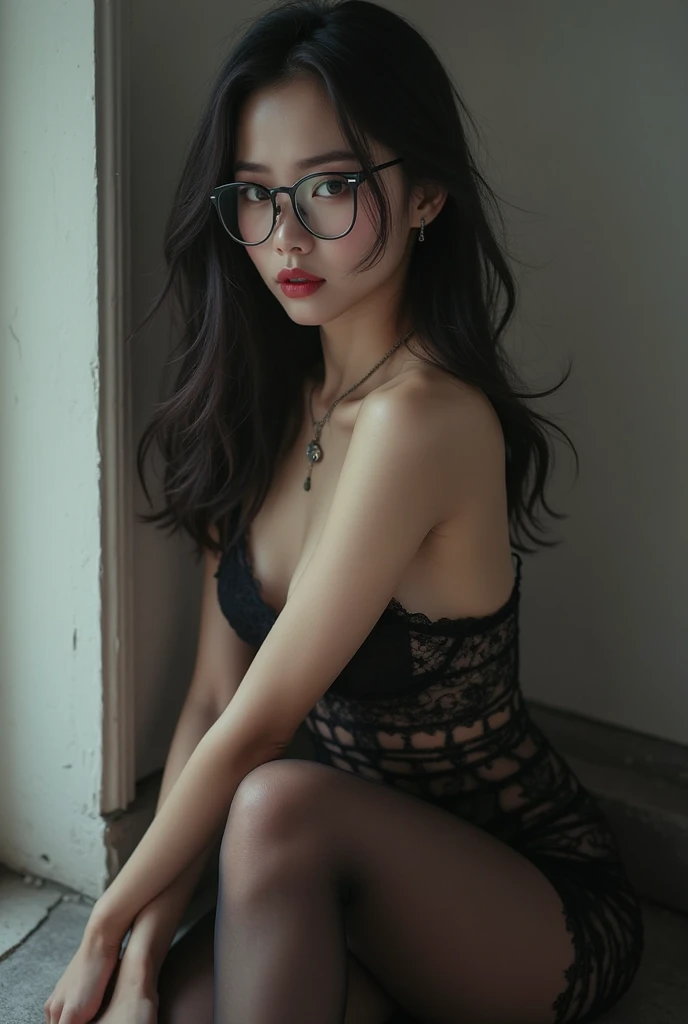 Mature woman, long curly hair, glasses, underwear, black hair, black bra, chained by goblins, chained wrists, deep cave, goblins, moaning, tortured, armpits, large breasts, closed eyes, long shot, tempting, full body