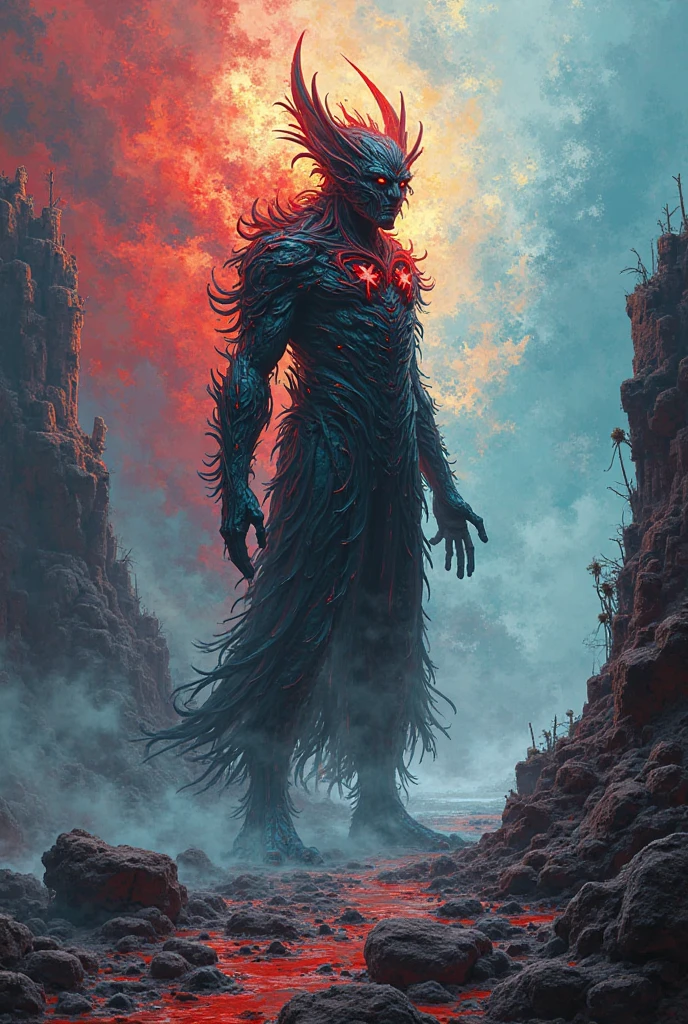 methurlant, fantasy, cyber moon, crystal Space, fiery, (intricate, atmospheric, surreal, gritty, cinematic, stylized, contrast, comic, eerie, stylized, cybernetic, futuristic, dystopian), Dawn, Art Deco, (Secondary colors:1.1), (Perspective:1.1) , ultra detailed, intricate, oil on canvas, dry brush, (surrealism:1.1), (disturbing:1.1), Cthulhu, lovecraft cthulhu, lovecraftian style, cult of cthulhu, ancient artifacts, beautiful entity, gradient color, jungle, antichrist cross, Cross of Saint Peter, dynamic pose, sharp glowing eyes, green eyes, flames on eyes, flame eye, neon green eyes, (digital illustration, Duy Huynh ), Jackson Pollock (masterpiece, best quality, beautiful and aesthetic:1.2), cinematic, best quality, detailed, highest quality, ultra detailed, highres, cinematic light, splendid and colorful, out of focus, RAW photograph, art portrait, high contrast, colorful, highest details, neon color, red bloody veins growing and intertwining out of the darkness, oozing thick red blood, veins growing and pumping blood, vascular networks growing, connecting, explanding, red veins everywhere, zdzislaw beksinski, a mind flayer, (Muted colors:1.1), (Repetition:1.1), (Cross-hatching:1.1), (Infrared:1.2), yellow rust, Hypercube ultra detailed, intricate, oil on canvas, ((dry brush, ultra sharp)), (surrealism:1.1), (disturbing:1.1)