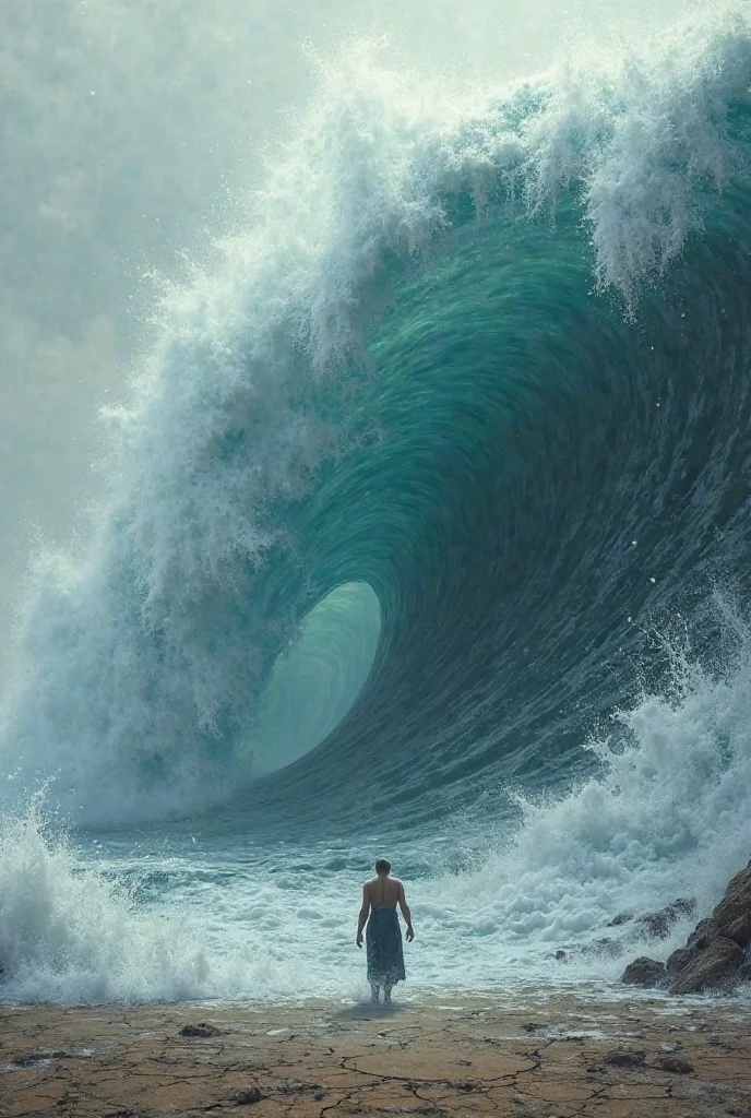 An arabic man with white clothes swimming in middle a sea. Storm everywhere. Dark sky. Big waves.