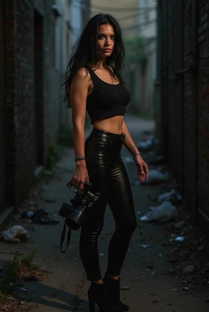 Emo girl named olivia blackwell on an industrial roof wearing Black lace bralette, high waisted dark jeans, ankle boots, and simple jewelry
