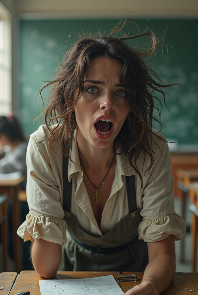 crazy female student chewing notebooks