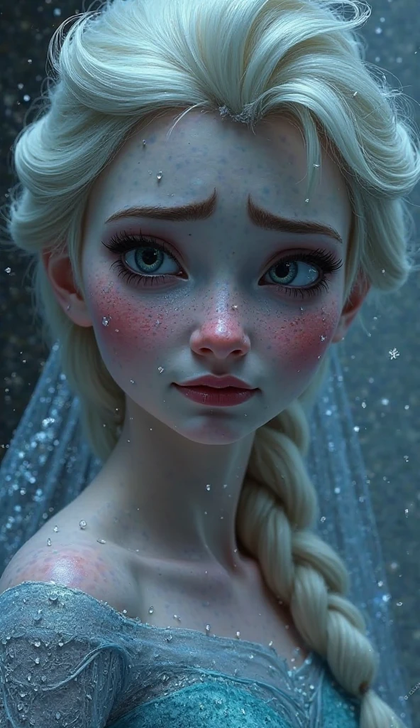 prendre la moitié des vêtements,(seins clairs:1.2), Elsa,chubby face,made up,Facial detail,rougir,purple eyeshadow, rose sur les cheveux,Haut du corps, background, regardant d'a quote,half-through shirt, peignoir, anniversaire cum,cum on face,facial
