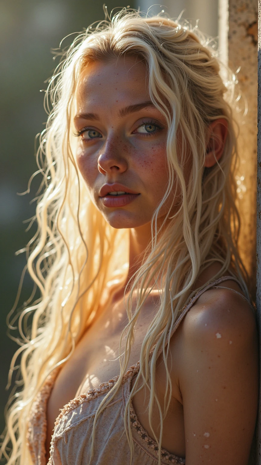 ((masterpiece, highest quality, Highest image quality, High resolution, photorealistic, Raw photo, 8K, detailed, realism, realistic, detailed face, details, entire body)) european girl, blonde girl, naked, adorable, cute, kawai, slender, natural lips,, at the beach, tiny breast, small ass, dramatic lighting, in the sea, vagina, hairy pussy