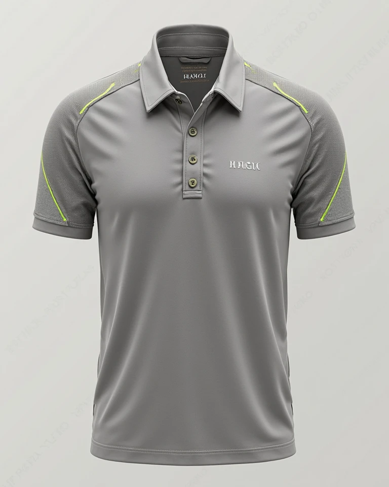 (photorealism:1.2), polo shirt, designed, color white navy blue, and mustard,  engineering design, unique 