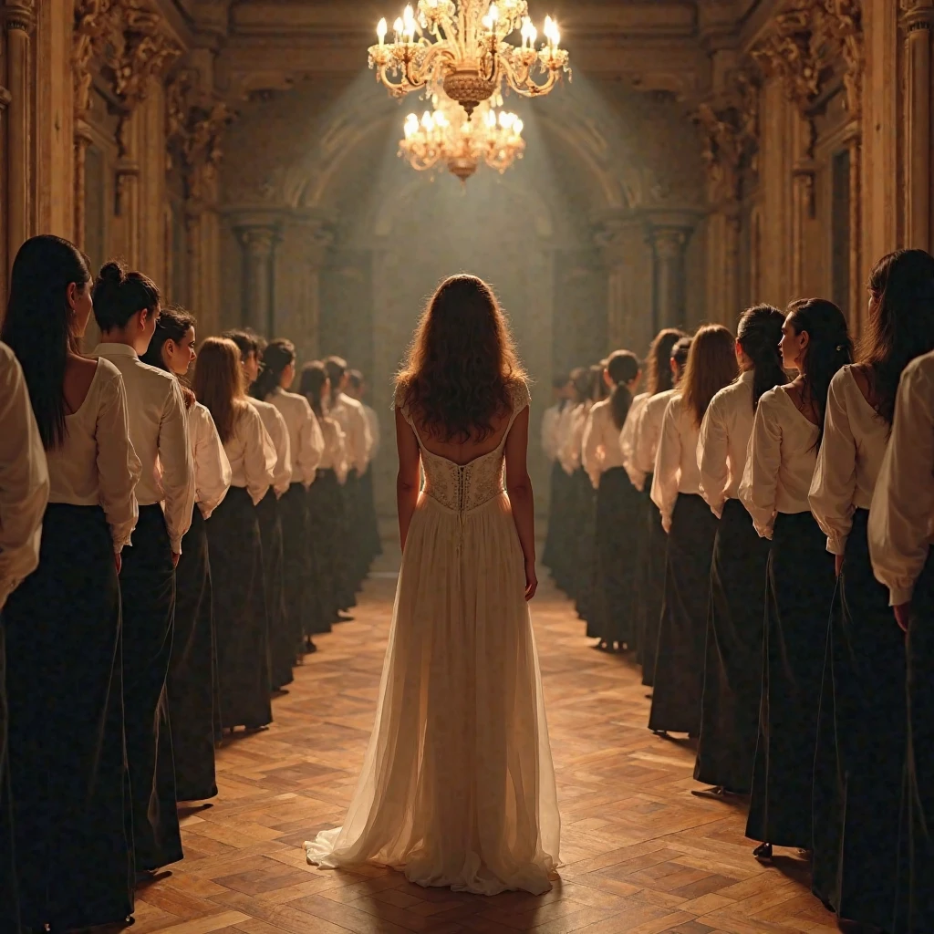 There were young people sitting on the floor of a room, standing, in front of them they heard a woman, of long curly hair, speak with authority and delicacy, This woman was wearing a beautiful long dress.