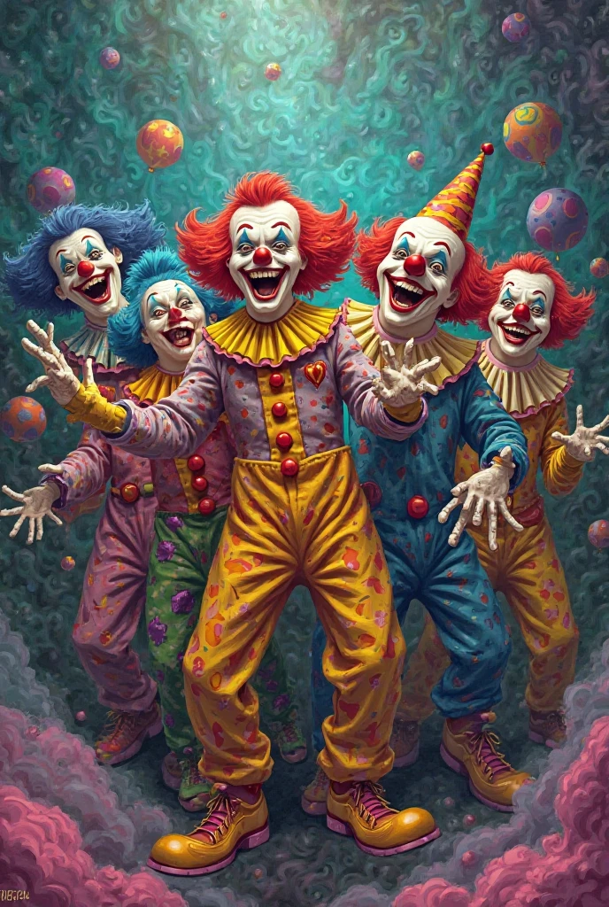 ((3 crazy mean clowns holding pitchforks, garbage pail kids style)), in the woods, 3d cartoon, high quality, detailed,