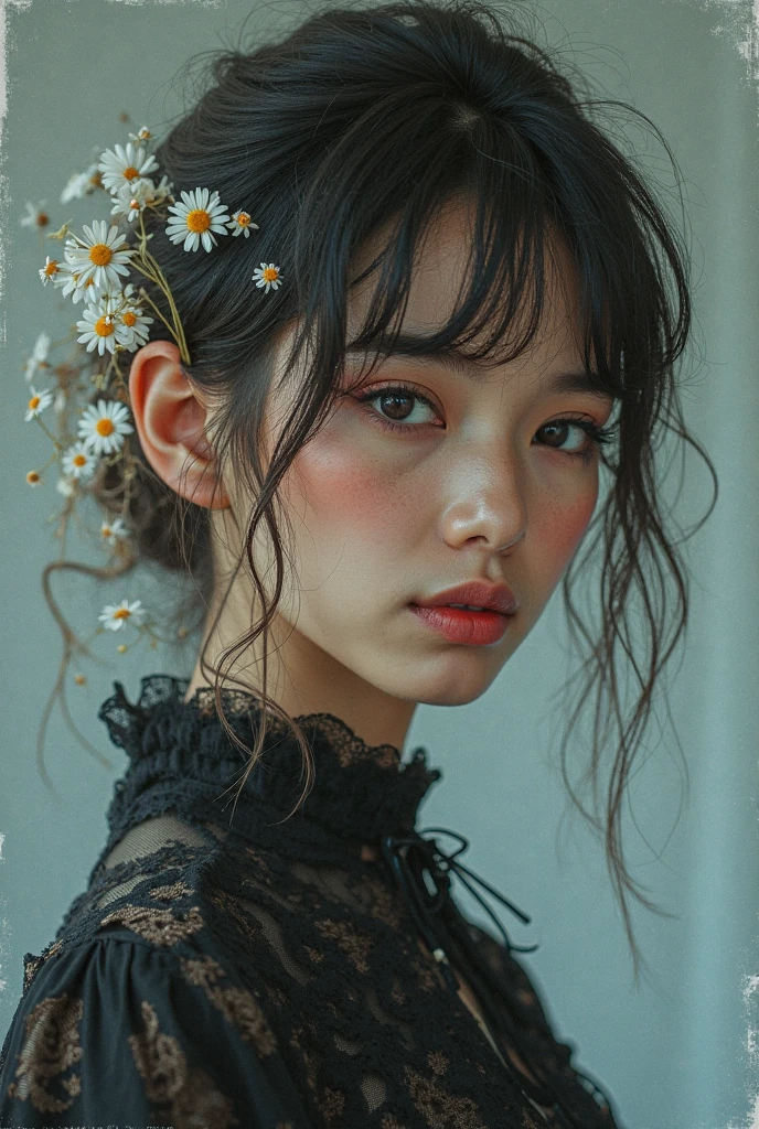 1girl,{extremely delicate and beautiful girl}, wall-paper, best qualtiy,looking at the viewers、top-quality、​masterpiece、超A high resolution、(Photorealsitic:1.4)、Raw photo、1girl in、off shoulders、dark、deep-shadows、Cold Light、Short Egypt Bob、Deep blue hair color 、closes mouth、